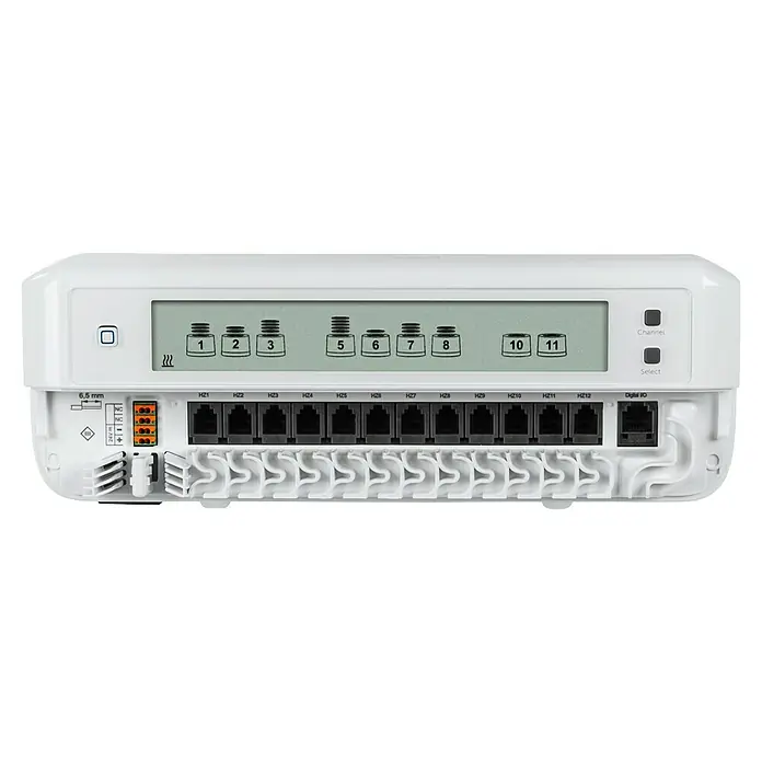 Homematic IP Fußbodenheizungsregler HmIP-FALMOT-C12 - 5,2 x 24,2 x 8,5 cm - Detailaufnahme eines weißen Heizungsreglers mit LCD-Display, Anschlüssen und Bedienelementen zur Steuerung des Heizsystems.