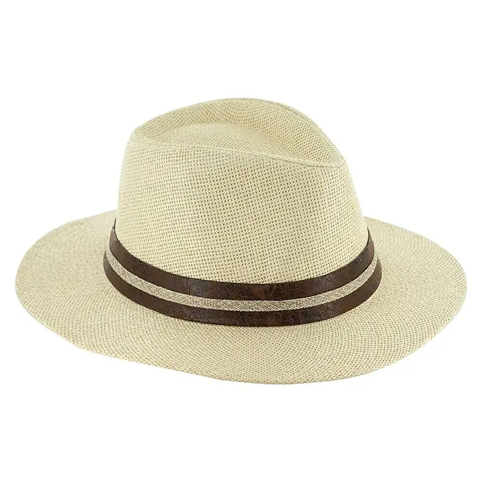 Sonnenhut Thomas - Beige, Geeignet für: Herren - Strohhut mit braunem Band. Der Fedora-Hut ist aus leichtem, atmungsaktivem Material gefertigt, perfekt für sonniges Wetter.