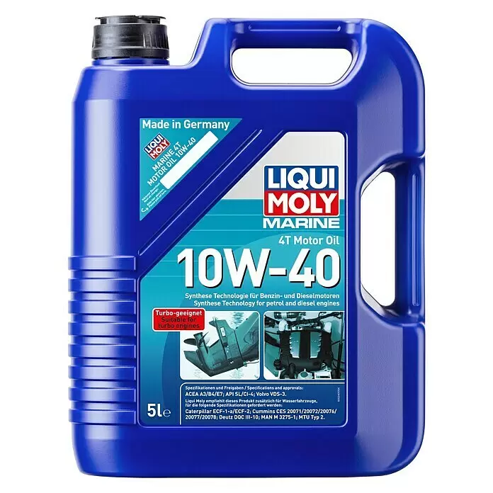 Liqui Moly Marine Aceite para motor 4T 10W-40 - Tecnología sintética, 5 l - Garrafa azul de 5L de aceite de motor Liqui Moly Marine 4T 10W-40. Tecnología sintética para motores marinos de gasolina y diésel, apto para turbo.