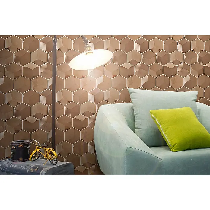 Mosaikfliese Hexagon HXM 50BR - 26,2 x 23 cm, Rosegold, Glänzend - Einrichtungsidee mit auffälligen, sechseckigen Wandfliesen in Brauntönen, die jedem Raum eine moderne und stilvolle Note verleihen.
