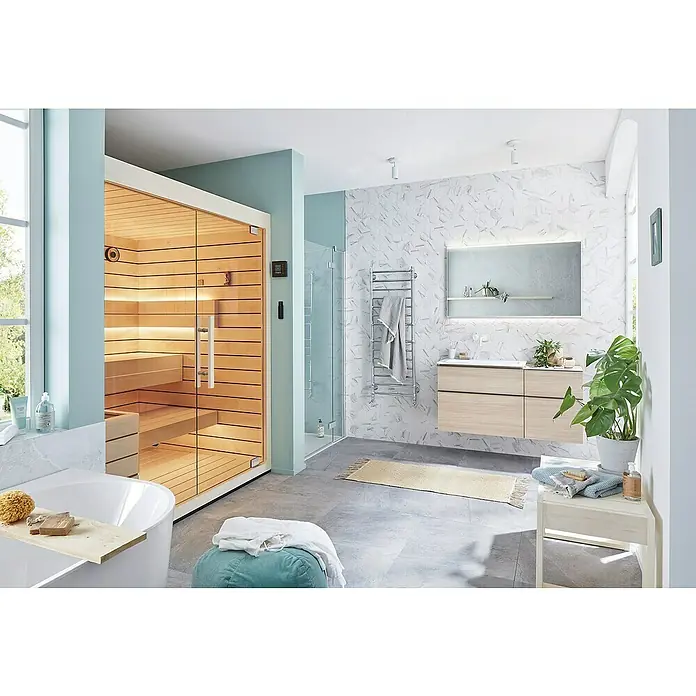 Mosaikfliese Hexagon CIM HX9 CT - 25,6 x 29,55 cm, Beige/Braun/Weiß, Matt - Ein modernes Badezimmer mit einer Sauna, einer Badewanne und einem Waschtisch. Das Interieur ist hell und stilvoll gestaltet mit dezenten Farbtönen.