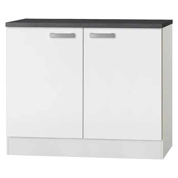 Optifit Oslo Spülenunterschrank - 60 x 100 x 84,8 cm, Mit Arbeitsplatte, Weiß - Dieser Artikel zeigt einen weißen Unterschrank mit zwei Türen und grauer Arbeitsplatte, ideal für Küche oder Bad.