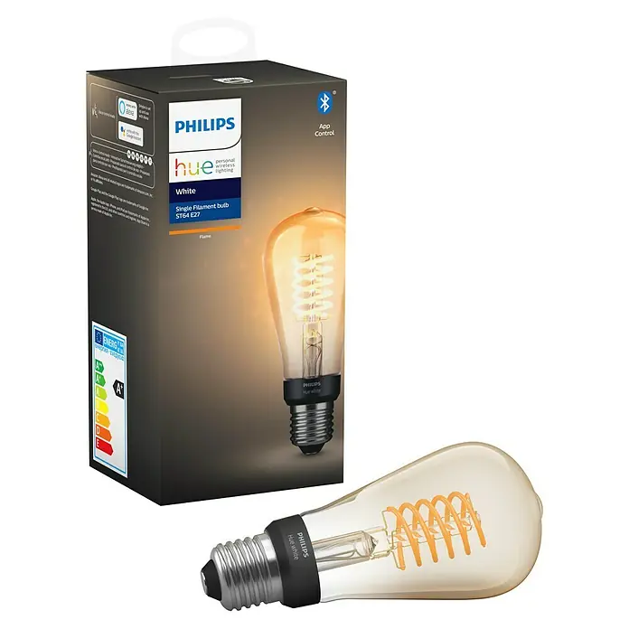 Philips Hue Bombilla LED inteligente Filamento blanco - E27, Intensidad regulable, Blanco cálido, 550 lm, 7 W, Denominación de la lámpara: ST64 - Imagen de una bombilla de filamento único Philips Hue White ST64 E27 y su embalaje.