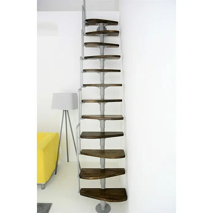 Minka Raumspartreppe Monaco - Breite: 60 cm, Grau, Farbe Stufen: Buche Walnuss gebeizt, Geschosshöhe: 294 cm - Platzsparende Treppe mit Holzstufen und Metallgeländer. Ideal für kleine Räume und moderne Wohnungen.