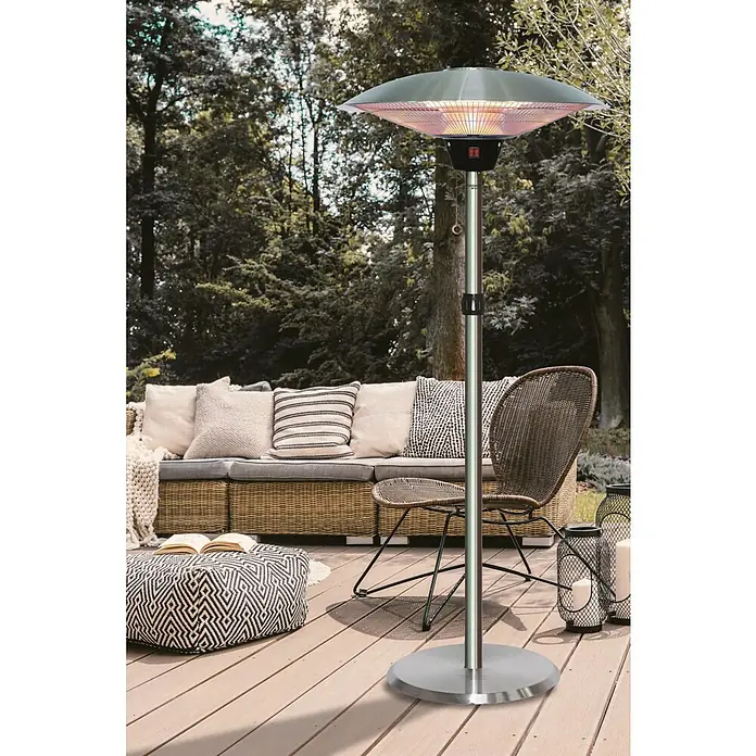Voltomat HEATING Halogen-Heizstrahler - 46 x 46 x 205 cm, 2.100 W, Silber - Eleganter Heizstrahler für den Außenbereich, perfekt für gemütliche Abende auf der Terrasse oder im Garten.
