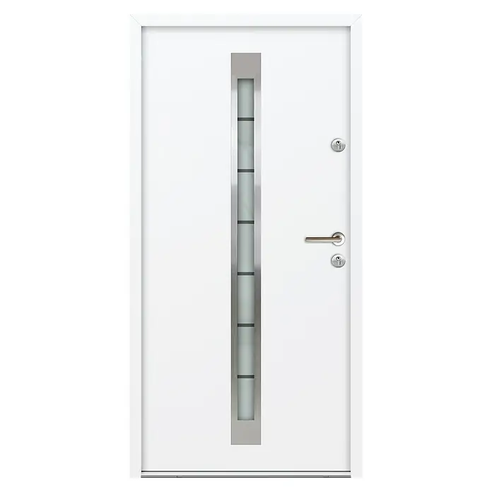 FM Türen Nebeneingangstür ATU68-520 - 90 x 207 cm, DIN Anschlag: Rechts, Weiß - Weiße Haustür mit schmalem Glaseinsatz und silbernen Beschlägen. Die moderne Tür bietet Sicherheit und elegantes Design für Ihr Zuhause.