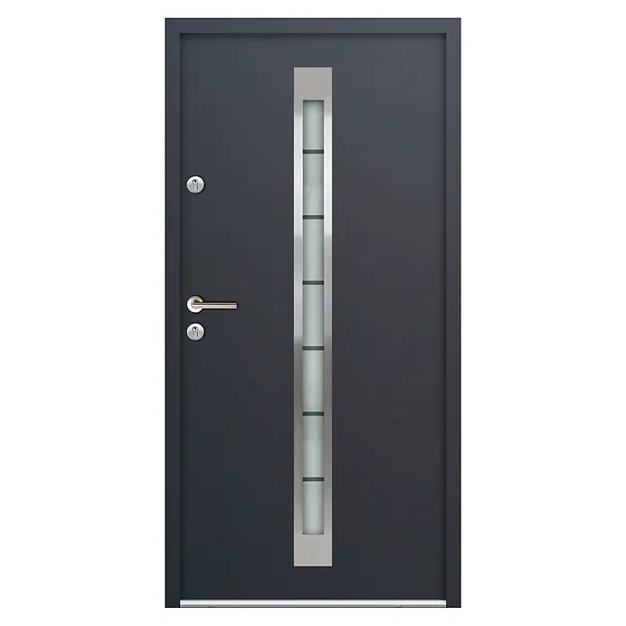 FM Türen Nebeneingangstür ATU68-520 - 110 x 207 cm, DIN Anschlag: Links, Anthrazit - Graue Außentür mit vertikalem Fensterband aus satiniertem Glas und einem silberfarbenen Türgriff.