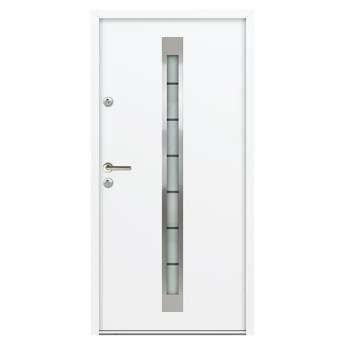 FM Türen Nebeneingangstür ATU68-520 - 90 x 200 cm, DIN Anschlag: Links, Weiß - Elegante, weiße Tür mit schmalem, vertikalem Glaseinsatz und modernem Türgriff. Ideal für stilvolle Hauseingänge.