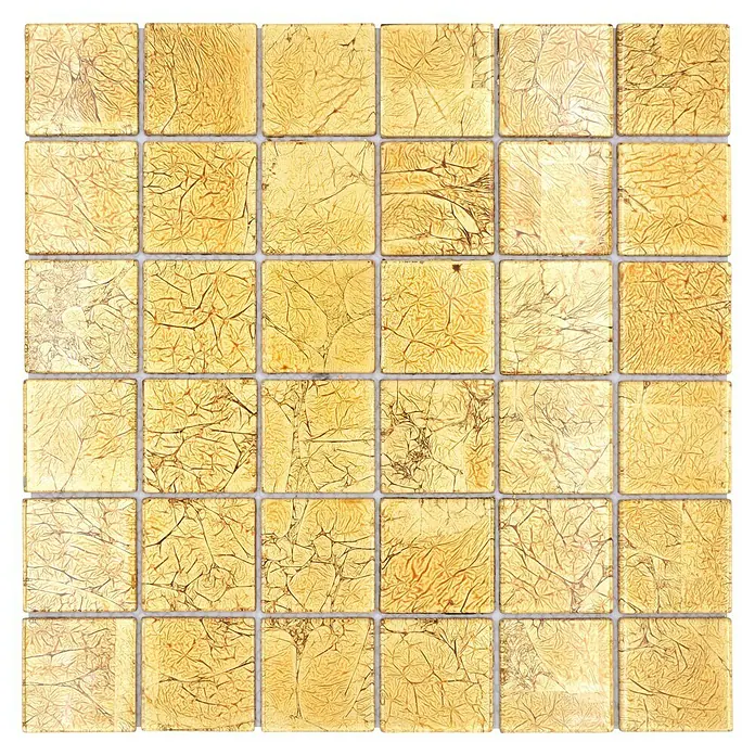 Mosaikfliese Quadrat Crystal Uni CM 4GO20 - 30 x 30 cm, Gold, Glänzend - Goldene Mosaikfliesen mit einem rissartigen Muster, ideal für stilvolle Wand- und Bodengestaltung.