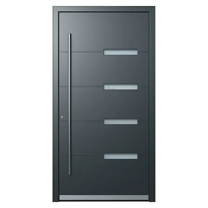 Portofino Haustür 704PF - 110 x 210 cm, DIN Anschlag: Links, Anthrazitgrau Feinstruktur/Verkehrsweiß matt - Moderne Haustür in Anthrazit mit senkrechtem Griff und horizontalen Glaseinsätzen für ein stilvolles und einladendes Erscheinungsbild.