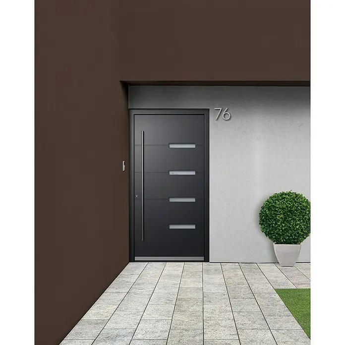 Portofino Haustür 704PF - 110 x 210 cm, DIN Anschlag: Links, Anthrazitgrau Feinstruktur/Verkehrsweiß matt - Schwarze Haustür mit vertikalem Griff und kleinen rechteckigen Fenstern, Hausnummer 76 und Topfpflanze.