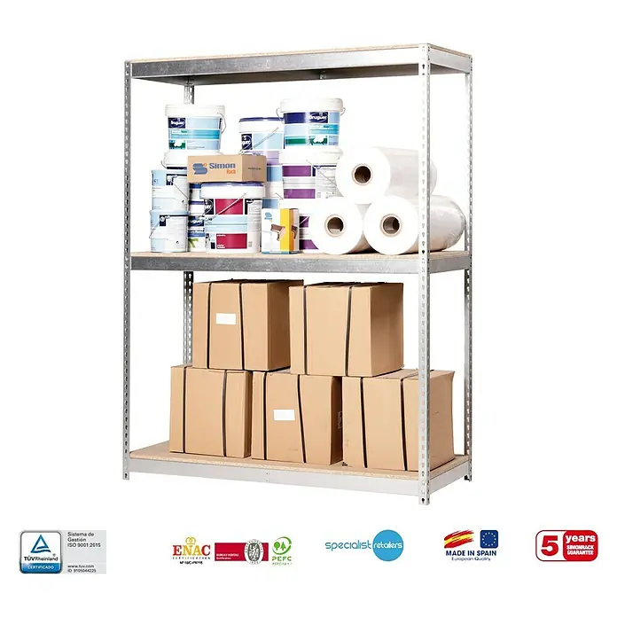 Simonrack Simonforte Estantería para cargas pesadas Chipboard - Al x An x Pr: 200 x 180 x 60 cm, Capacidad de carga por balda: 600 kg, Número de baldas: 3 ud., Inserción, Galvanizado - Imagen de una estantería resistente con cubos de pintura, rollos de papel y cajas de cartón en tres estantes.