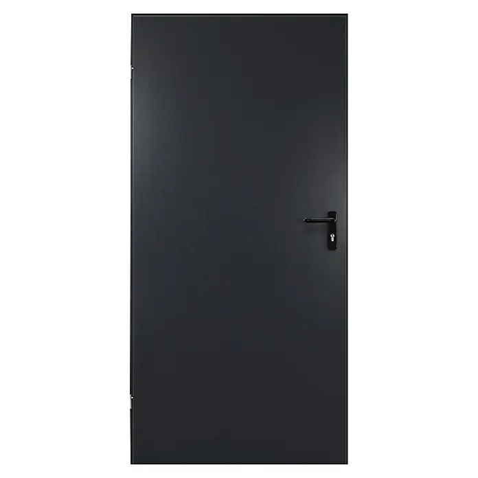 FM Türen Mehrzwecktür MZ41-07 - 99,5 x 201 cm, DIN Anschlag: Links, Anthrazit - Eine moderne, schwarze Tür mit einem schlichten, schwarzen Türgriff, ideal für zeitgenössische Innenräume, die eine robuste und stilvolle Optik suchen.