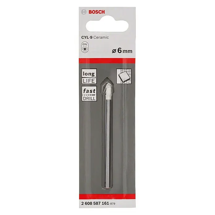 Bosch Fliesenbohrer CYL-9 - Durchmesser Bohrer: 6 mm - Abbildung einer Bosch CYL-9 Keramikbohrer-Packung mit einem 6-mm-Bohrer, ideal für präzise Bohrungen in Keramikmaterialien.