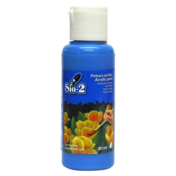 Pintura acrílica Sio-2 - Cyan, 80 ml - Botella de pintura acrílica azul "Sio-2" con tapa blanca, ideal para proyectos creativos y uso educativo.