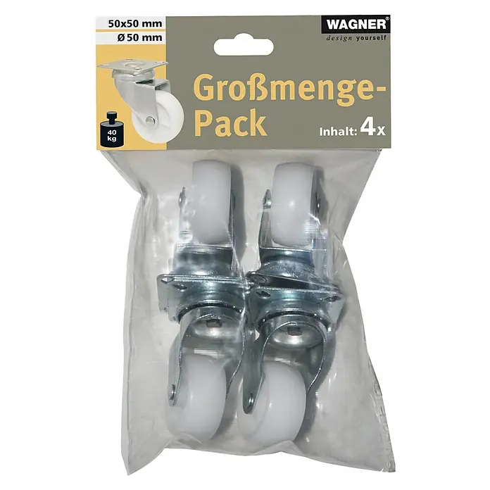 Wagner System Apparate-Lenkrolle - Durchmesser Rollen: 50 mm, Traglast: 50 kg - Packung mit vier Möbelrollen von Wagner, mit 50x50 mm Platte und einer Traglast von 40 kg, ideal zum einfachen Bewegen von Möbeln.