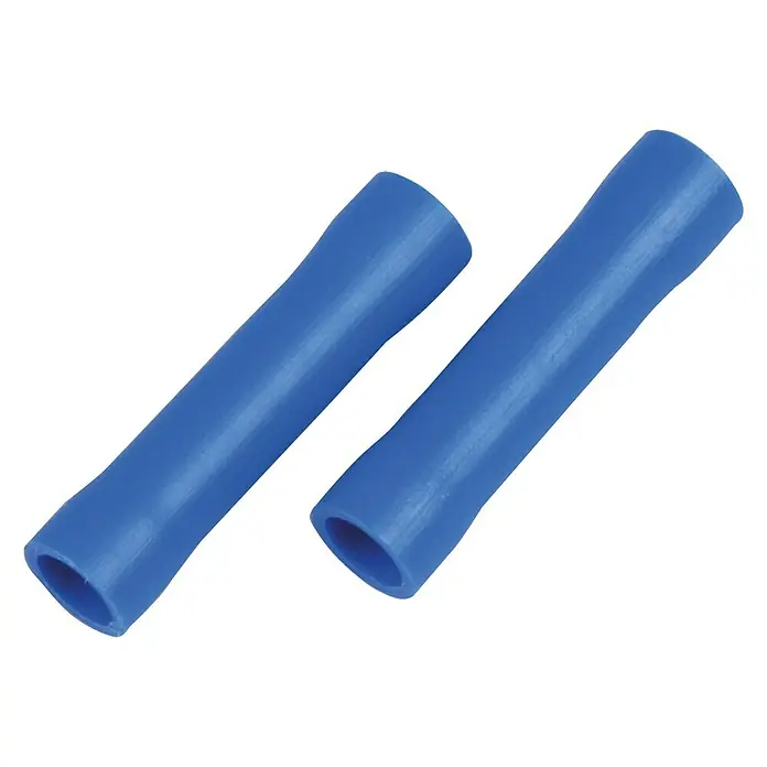 Cartrend Kabel-Quetschverbinder - 20 Stk., Querschnitt: 0,25 mm² - 1,5 mm², Blau - Nahaufnahme von zwei blauen Stoßverbindern, die für elektrische Verbindungen verwendet werden, auf einem weißen Hintergrund.