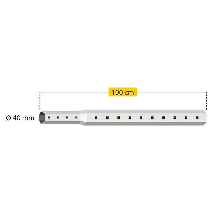 Schellenberg Eje octogonal telescópico - Apto para: Mini sistemas de persianas enrollables - Ilustración de un objeto octogonal perforado con dimensiones. Diámetro 40 mm y longitud 100 cm.