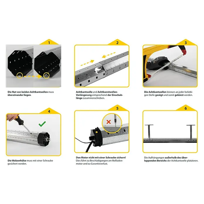 Schellenberg Eje octogonal telescópico - Apto para: Mini sistemas de persianas enrollables - Instrucciones para fijar un eje octogonal a una persiana enrollable.
