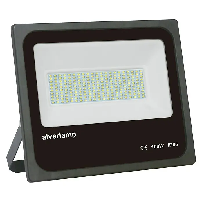 Alverlamp Proyector LED LMN - 100 W, L x An x Al: 28,5 x 5 x 24 cm, Negro, Blanco neutro - Primer plano de un reflector LED Alverlamp con carcasa gris, ideal para iluminación exterior.