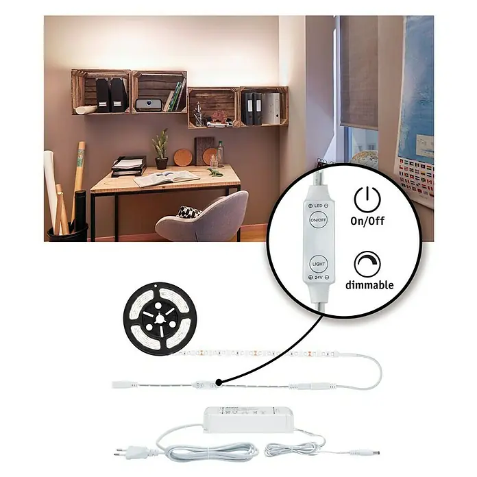 Paulmann Tira LED Set básico - Largo: 3 m, Color de luz: Blanco neutro, 33 W, 3.300 lm, 24 V - Imagen del producto de una tira LED con función de atenuación, ideal para crear iluminación ambiental en espacios habitables.