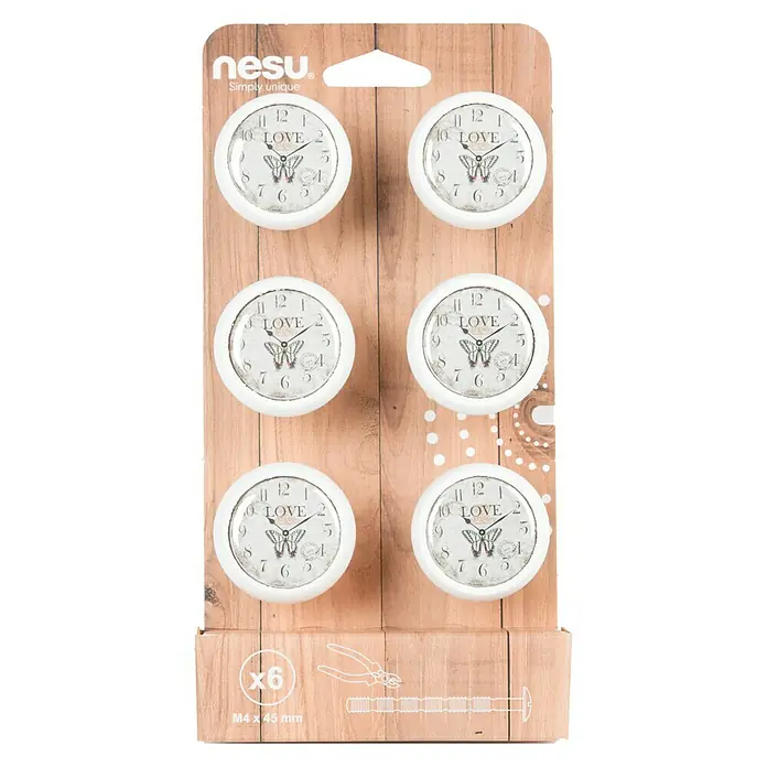 Nesu Pomo para muebles Reloj Love 6 uds. - 6 ud., Ø x Al: 40 x 29 mm, Madera - Paquete de seis pomos para muebles con un diseño de reloj amoroso, perfecto para dar un toque personal a muebles y cajones.