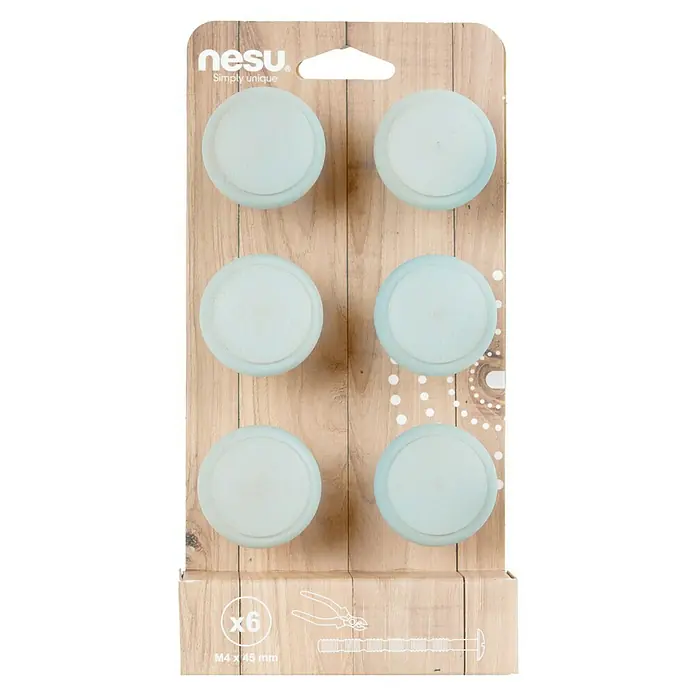 Nesu Pomo para muebles 403AZC 6 uds. - 6 ud., Ø x Al: 40 x 33 mm, Madera - Un paquete de seis pomos para muebles NESU en color turquesa claro, completo con tornillos para una fácil instalación en muebles.