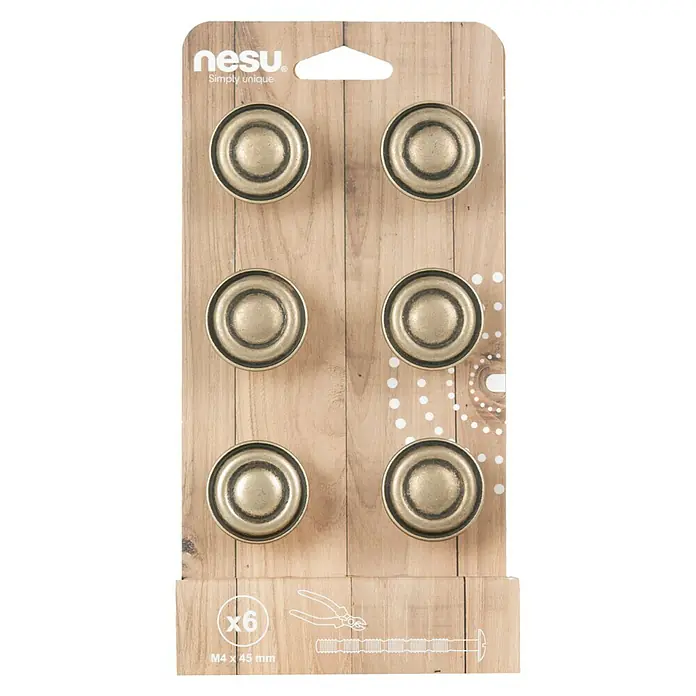 Nesu Pomo para muebles 211318 6 uds. - 6 ud., Ø x Al: 33 x 20 mm, Acero - Paquete de seis pomos para muebles Neslu con un estilo vintage. Los pomos son redondos y de color dorado.