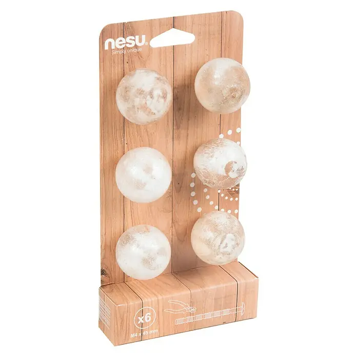 Nesu Pomo para muebles Decapado - 6 ud., Ø x Al: 35 x 35 mm, Madera - Paquete de seis pomos para muebles de nesu, redondos y blancos con detalles marrones, diseñados para un hogar elegante. ¡Simplemente único!