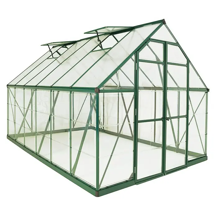 Palram – Canopia Gewächshaus Balance - Außenmaß inkl. Dachüberstand (B x T): 244 x 367 cm, 0,7 mm, Grün - Abbildung eines grünen Gewächshauses mit durchsichtigen Wänden und Dach, das für den Pflanzenanbau im Garten konzipiert ist.