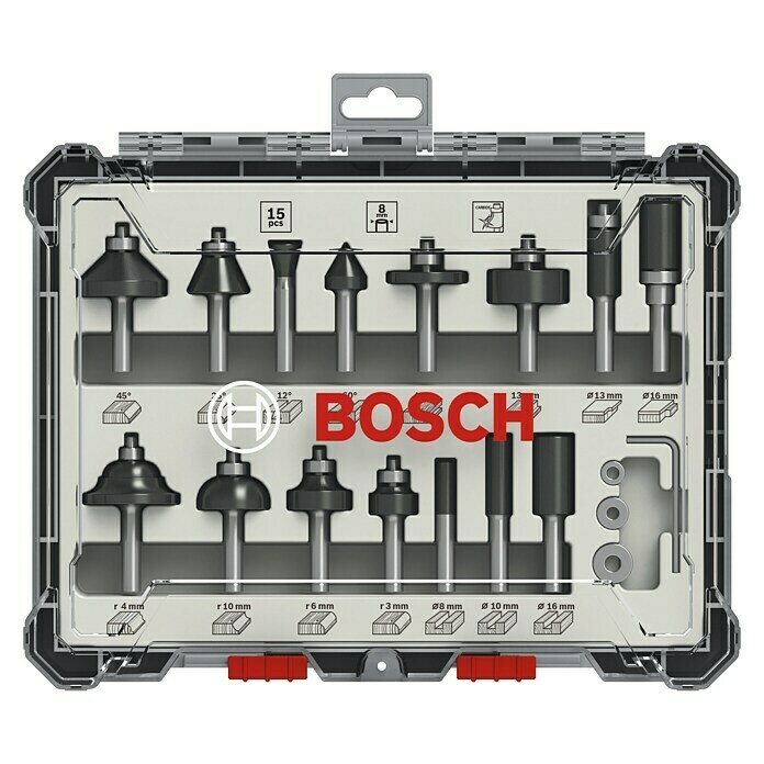 Bosch Fräser-Set Mixed15 -tlg., Durchmesser Schaft: 8 mm Front View