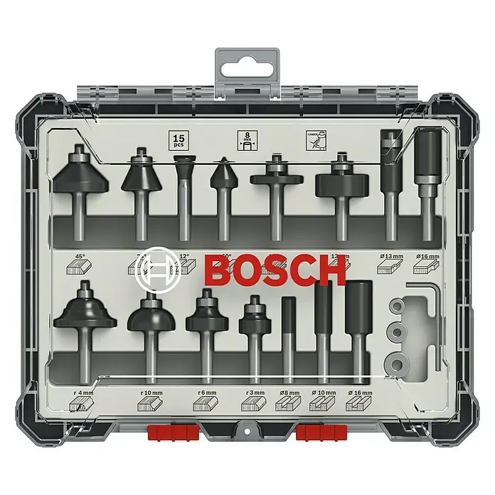Bosch Fräser-Set Mixed - 15 -tlg., Durchmesser Schaft: 8 mm - Bosch Fräser-Set mit 15 Teilen für präzise Holzarbeiten, inklusive verschiedener Fräserprofile für vielfältige Anwendungen.