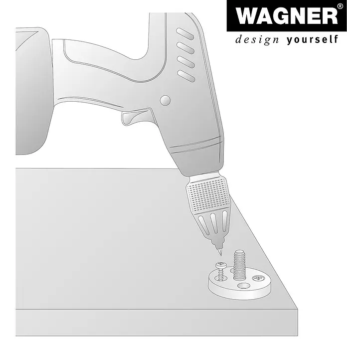 Wagner System Anschraubplatte - Gesamtumfang: 24 -tlg., Durchmesser: 50 mm, Kunststoff - Befestigungselemente werden mit einem Wagner Schraubwerkzeug auf einer Oberfläche montiert. Das Werkzeug erleichtert die Installation.