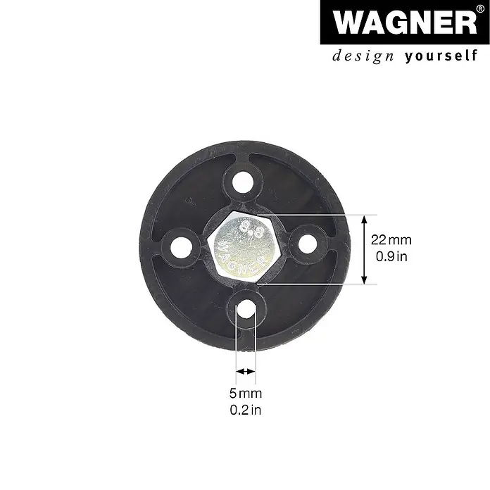 Wagner System Anschraubplatte - Gesamtumfang: 24 -tlg., Durchmesser: 50 mm, Kunststoff - Nahaufnahme einer schwarzen WAGNER-Bodengleitfläche mit Schraube und Maßangaben, ideal für Möbel.