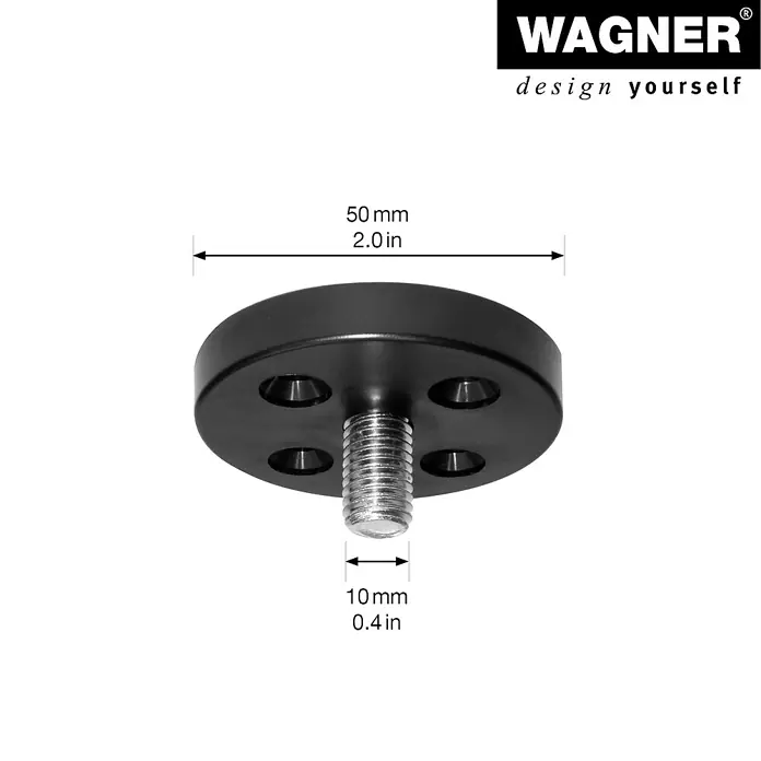 Wagner System Anschraubplatte - Gesamtumfang: 24 -tlg., Durchmesser: 50 mm, Kunststoff - Produktabbildung eines schwarzen Wagner-Designmöbelfußes mit Gewinde und Angaben zu den Maßen.