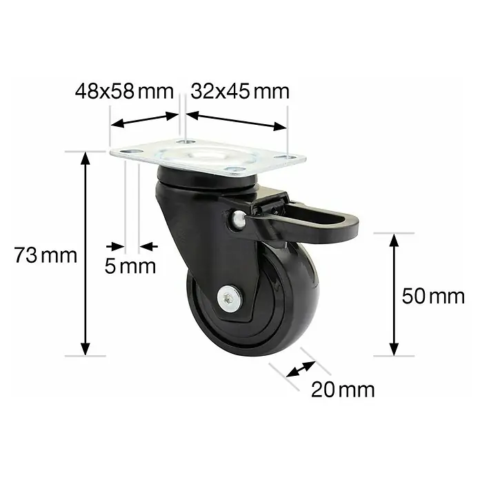 Wagner System Design-Lenkrolle 3C - Durchmesser Rollen: 50 mm, Traglast: 50 kg, Mit Platte und Feststeller, Schwarz - Abbildung eines schwarzen Möbelrollen-Rads mit detaillierten Maßangaben, die seine Größe und Abmessungen zeigen.