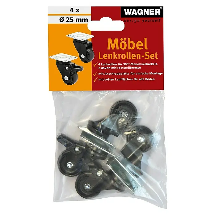 Wagner System Design-Lenkrolle 3C - Durchmesser Rollen: 25 mm, Schwarz, 4 Stk. - Das Bild zeigt ein Set von vier Möbelrollen mit einem Durchmesser von 25 mm von Wagner, zwei davon mit Feststellbremse, verpackt in Folie.
