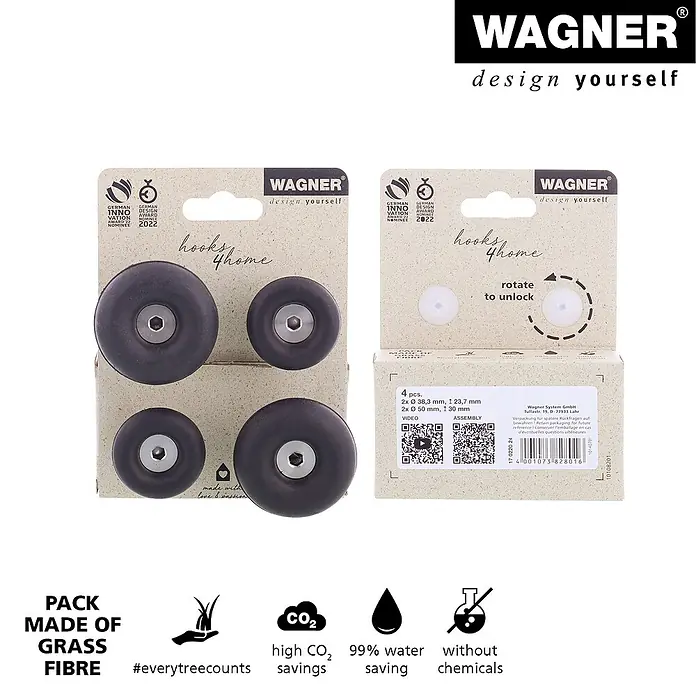 Wagner System Garderobenhaken-Set DOT - Ø x H: 50 x 30 mm, Schwarz, 4 Stk. - Abbildung von Wagner Haken "hooks4home", hergestellt aus Grasfasern. Nachhaltige Haken für Ihr Zuhause.