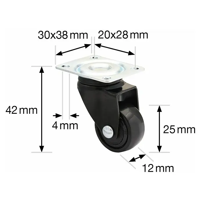 Wagner System Design-Lenkrolle 3C - Durchmesser Rollen: 25 mm, Schwarz, 4 Stk. - Produktansicht mit Maßangaben: 30x38 mm, 20x28 mm, 42 mm, 4 mm, 25 mm und 12 mm.