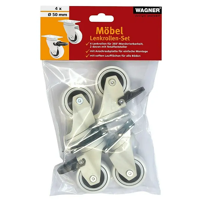 Wagner System Design-Lenkrolle 3C - Durchmesser Rollen: 50 mm, Traglast: 50 kg, Mit Platte und Feststeller, Weiß - Möbel-Lenkrollen-Set von Wagner, 4 Stück, Durchmesser 50mm. Ideal für flexible Möbelbewegungen mit 360°-Manövrierbarkeit, zwei davon mit Feststellfunktion.