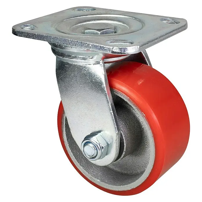 Wagner System Transportgeräte-Lenkrolle - Durchmesser Rollen: 100 mm, Traglast: 230 kg, Gleitlager, Mit Platte - Rotes Rad mit einer Metallhalterung und einer quadratischen Montageplatte. Ideal für Möbel oder Werkstattgeräte.