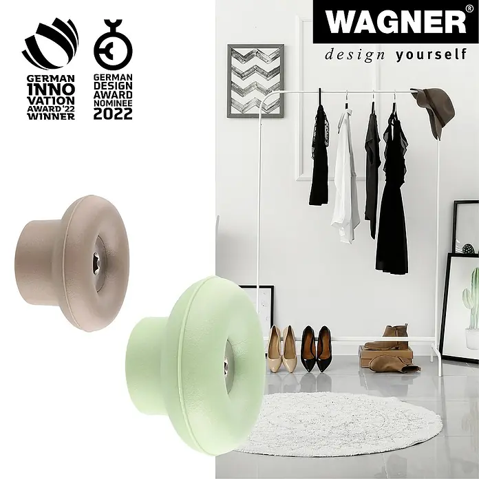 Wagner System Garderobenhaken-Set DOT - Ø x H: 50 x 30 mm, Taupe, Blassgrün, 4 Stk. - Bild von zwei WAGNER-Möbelknöpfen in Beige und Mintgrün vor einem stilvollen Kleiderständer.