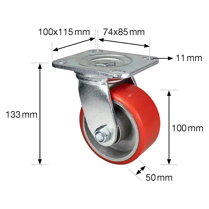Wagner System Transportgeräte-Lenkrolle - Durchmesser Rollen: 100 mm, Traglast: 230 kg, Gleitlager, Mit Platte - Abmessungen des Schwerlast-Lenkrolle mit rotem Rad und silberner Halterung, inklusive Montageplatte.