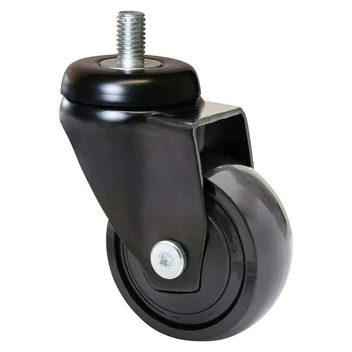 Wagner System Design-Lenkrolle 3C - Durchmesser Rollen: 50 mm, Traglast: 50 kg, Mit Gewindestift, 1 Stk., Schwarz - Nahaufnahme eines schwarzen Möbelrollenrads mit Gewindeschaft, ideal für Bürostühle und Möbel. Langlebige, hochwertige Rolle für verschiedene Oberflächen.