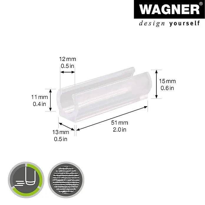 Wagner System Klemmschalengleiter - Durchmesser: 12 mm, Kunststoff, 4 Stk. - Abbildung eines transparenten Wagner-Design-Clips mit Maßangaben, der die Vielseitigkeit und Anpassungsfähigkeit des Produkts hervorhebt.