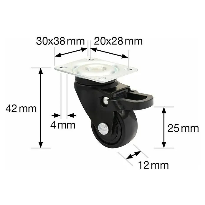 Wagner System Design-Lenkrolle 3C - Durchmesser Rollen: 25 mm, Schwarz, 4 Stk. - Produktabbildung eines schwarzen Lenkrolle mit Messangaben für technische Details wie Größe und Abmessungen der Bauteile.