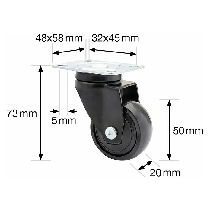Wagner System Design-Lenkrolle 3C - Durchmesser Rollen: 50 mm, Traglast: 50 kg, Mit Platte und Feststeller, Schwarz - Abbildung eines Möbelrollen-Sets mit den Maßen 48x58 mm, 32x45 mm, 73 mm, 5 mm, 50 mm und 20 mm.
