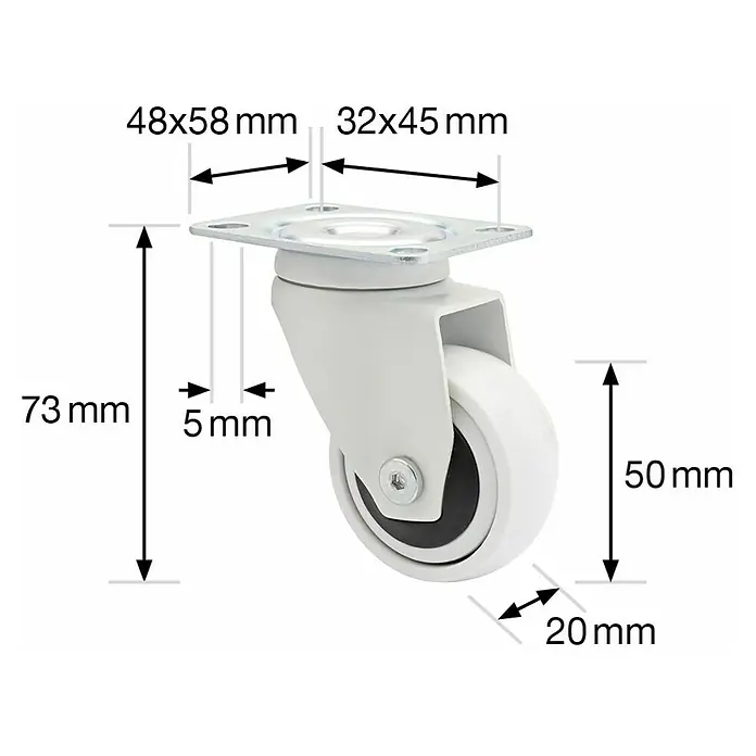 Wagner System Design-Lenkrolle 3C - Durchmesser Rollen: 50 mm, Traglast: 50 kg, Mit Platte und Feststeller, Weiß - Bild einer weißen Lenkrolle mit detaillierten Maßangaben, die ihre Größe und Abmessungen hervorheben.\n