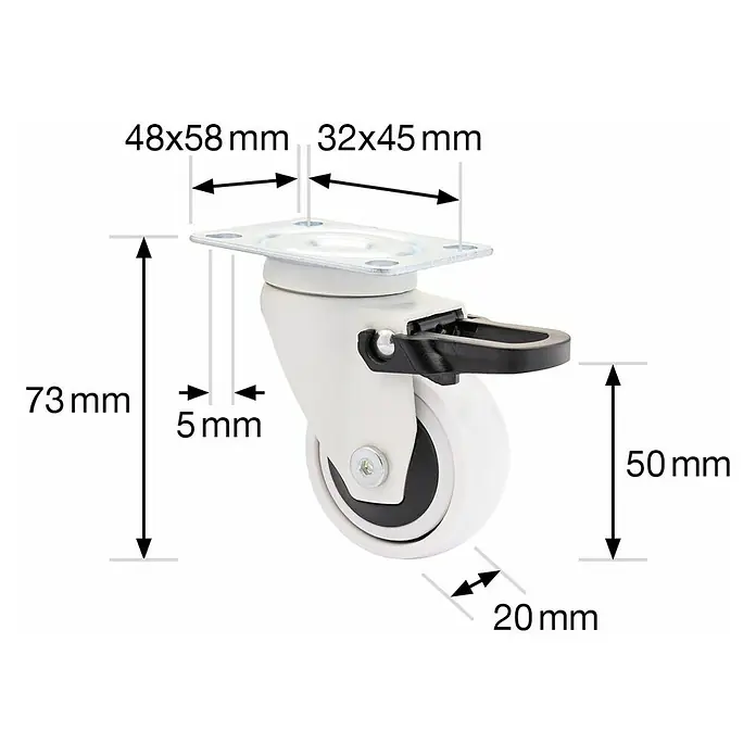 Wagner System Design-Lenkrolle 3C - Durchmesser Rollen: 50 mm, Traglast: 50 kg, Mit Platte und Feststeller, Weiß - Produktdetails: Weiße Möbelrolle mit Bremse und Maßangaben (73x50 mm Höhe, 20 mm Raddicke, 48x58/32x45 mm Platte).