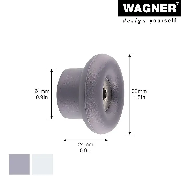 Wagner System Garderobenhaken-Set DOT - Ø x H: 50 x 30 mm, Schiefergrau, Lichtgrau, 4 Stk. - Nahaufnahme von einem grauen Möbelknopf mit den Maßen 24 mm x 24 mm x 38 mm.